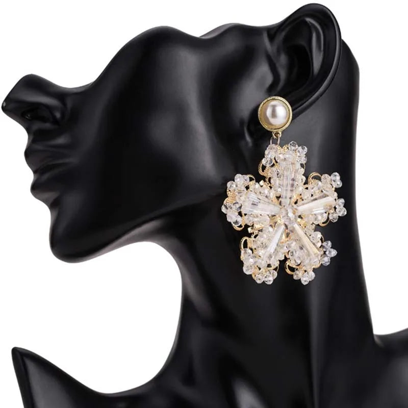 Women Luxury Palace Handmade Beaded Earrings Fashion Exaggerated Pearl Gold Earrings Crystal Rhinestone Snowflake Stud Earrings