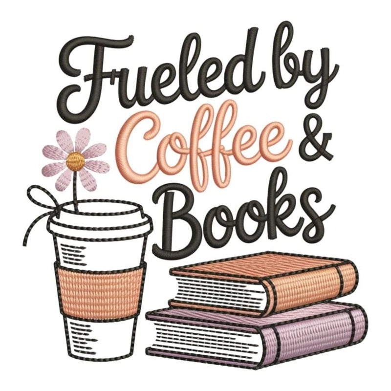 100+ Faux Yarn Embroidery Fueled by Coffee Book DTF Transfer Bookish Iron on DTF Print Heat Transfer DTF Transfer Reader Theme