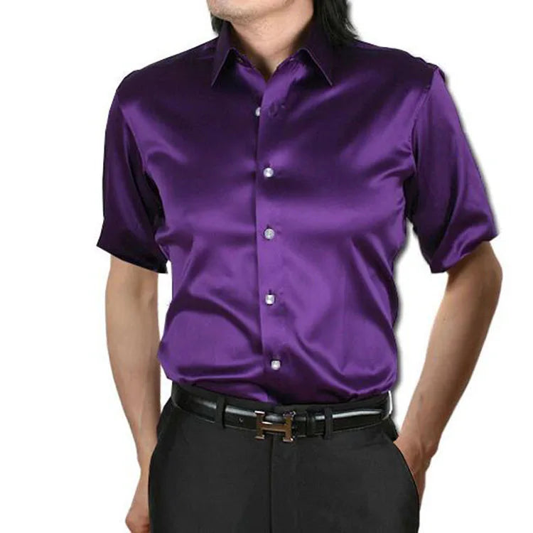 Multicolor Mens Dress Shirts Casual Silk Satin Short Sleeve Solid Color Business Shirts Formal Purple Black Men Clothing