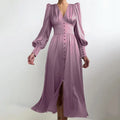 Enyami Romantic Chic Retro Elegant Buttons Satin V-neck Fashion Lantern Sleeve High Waist Smooth Fabric Casual Women Dress