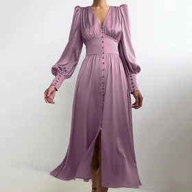 Enyami Romantic Chic Retro Elegant Buttons Satin V-neck Fashion Lantern Sleeve High Waist Smooth Fabric Casual Women Dress