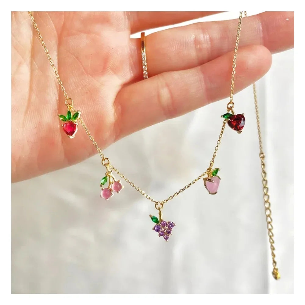 INS Hot Jewelry 18K Gold Plated Creative Color Zircon Cherry Peach Clavicle Chain Pendant Choker Fruit Necklace for Women