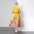 Women's Chiffon Crew Neck Ruched Floral Print Bohemian Knee-Length Loose Pleated Dress Lantern Sleeves Light Luxury Runway Robe