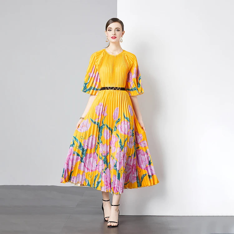 Women's Chiffon Crew Neck Ruched Floral Print Bohemian Knee-Length Loose Pleated Dress Lantern Sleeves Light Luxury Runway Robe