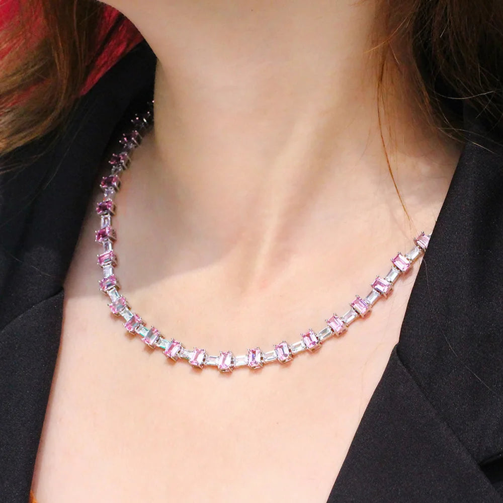 Fabulous Pink Rectangle Cubic Zircon Party  CZ Chokers Chain Necklace Jewelry for Women Hiphop Costume Elegant Accessories