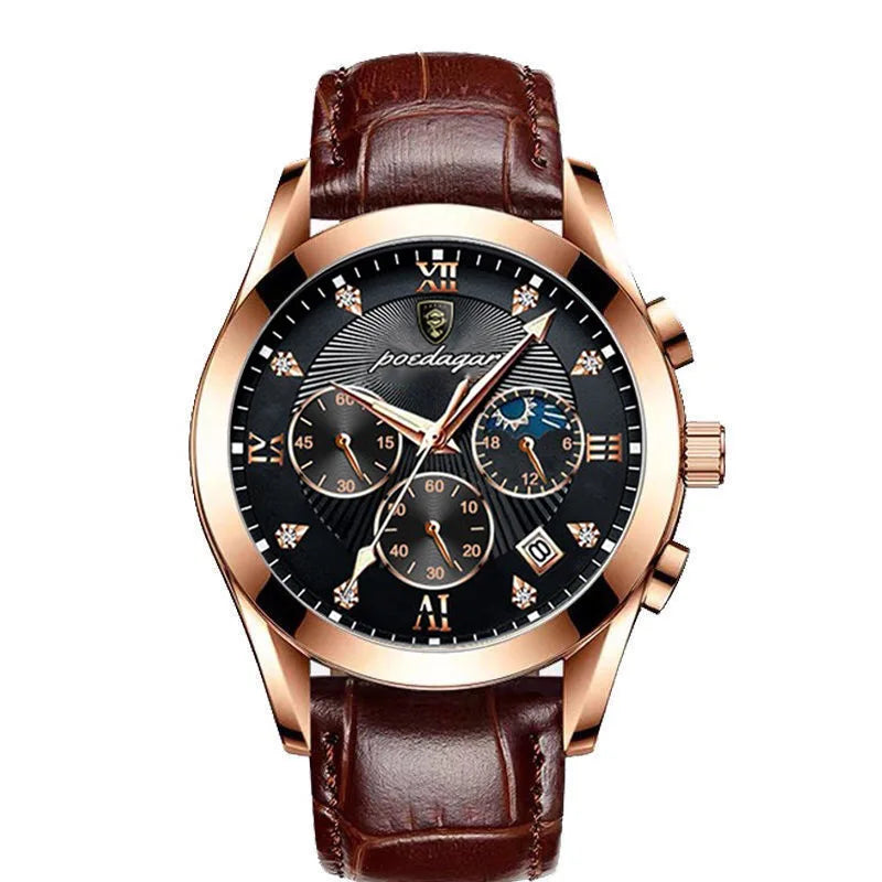 Top Brand Men Watch POEDAGAR Fashion Business Watch Quartz Date Luminous Pointer Leather Wristband Waterproof Clock