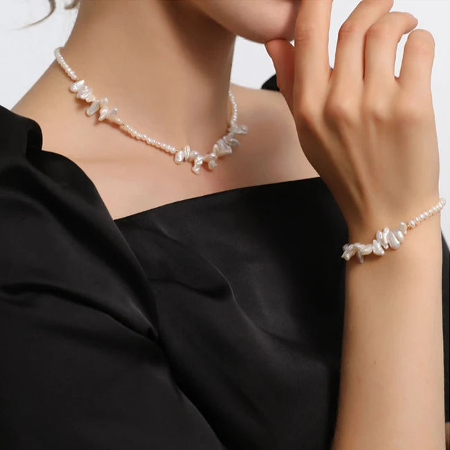 Fashionable Elegant Gold Romantic Pearl Jewelry Baroque Natural Freshwater Necklace Bracelet Set for Women-Wedding Engagement