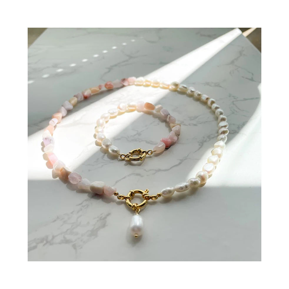 Fashion Baroque Pearl Charm Necklace 14k Gold Plated Stainless Steel Pink Opal Bracelet and Necklace
