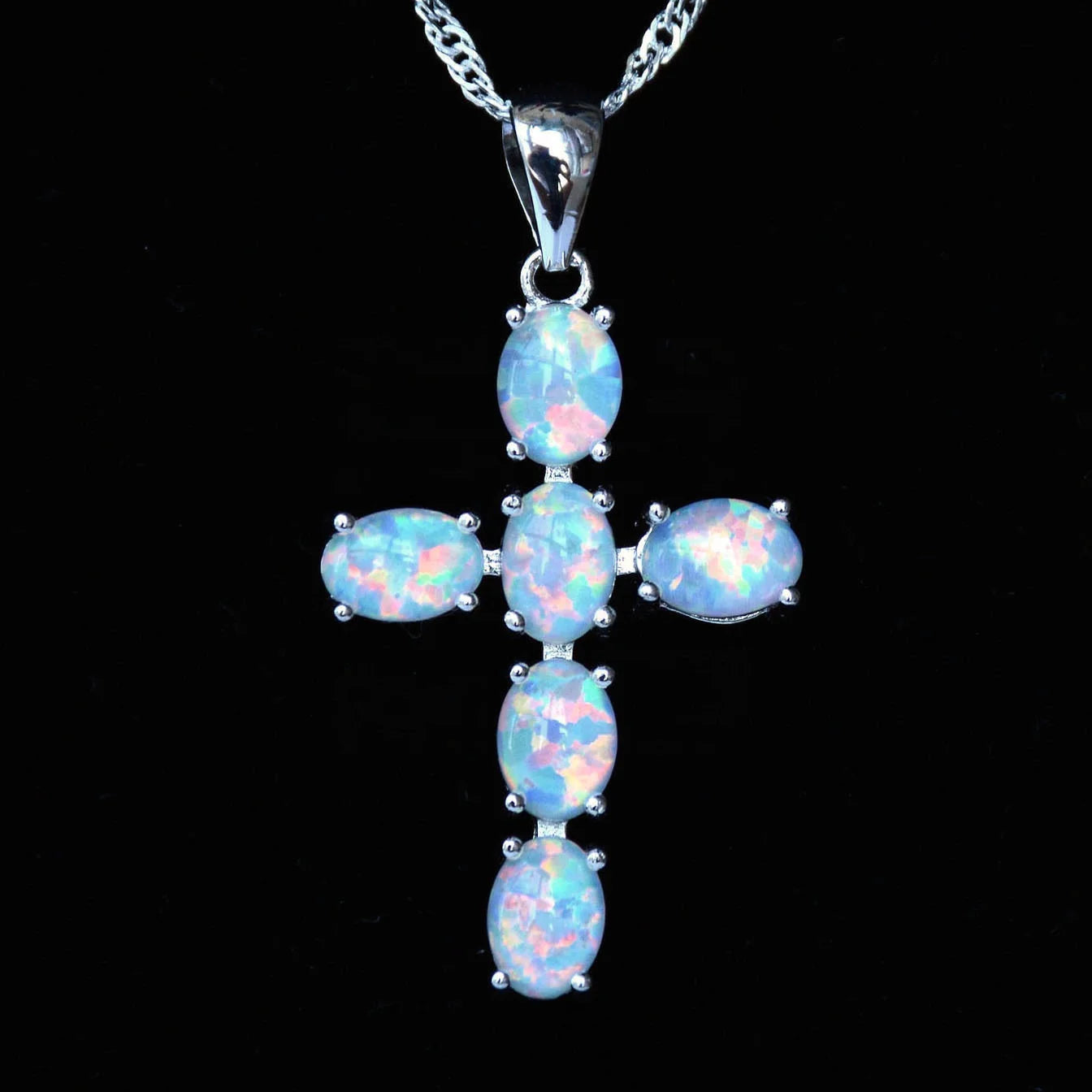 Wholesale Christian Blue Opal Cross Pendant Necklace Religious Jewelry