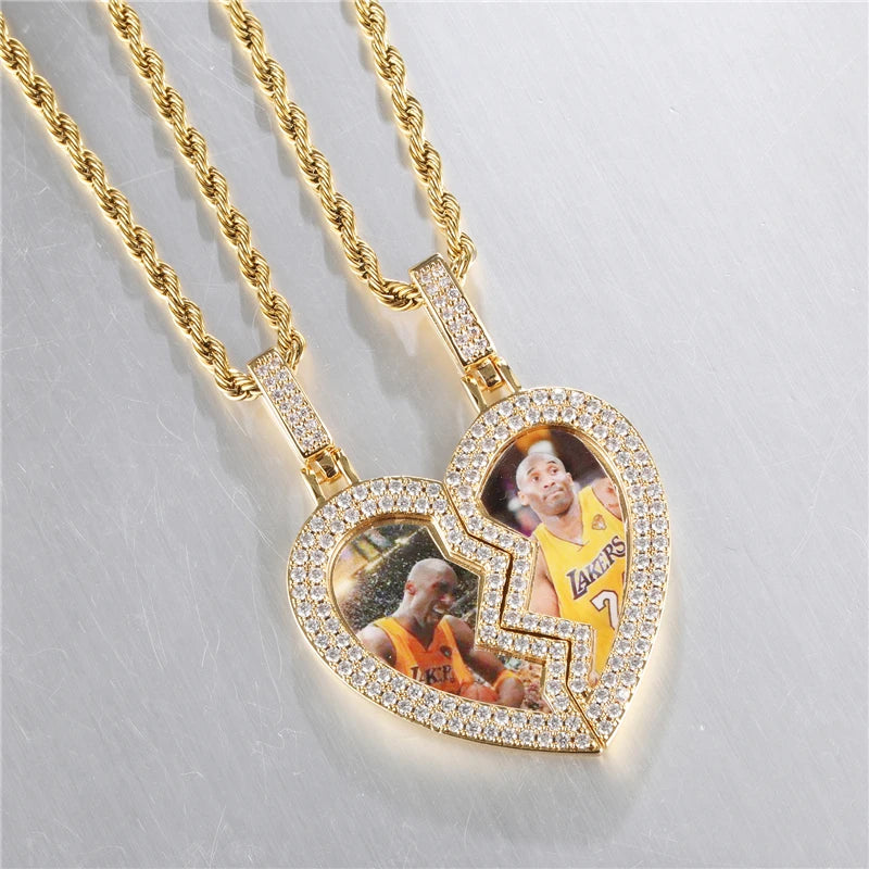New Creative Hip Hop Broken Heart Personalized Custom Iced Out  Photo Frame Pendant Necklace for Men Basketball Football Fans