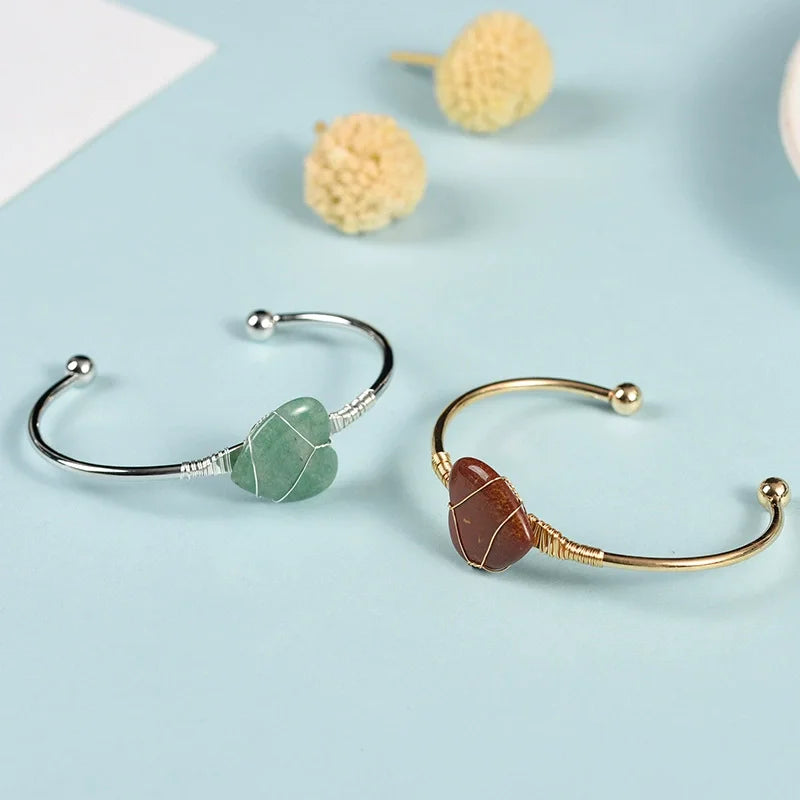 Bulk Wholesale Wire Wrapped Natural Healing Stone Bracelets Quartz Crystal Heart Bangle for Gift