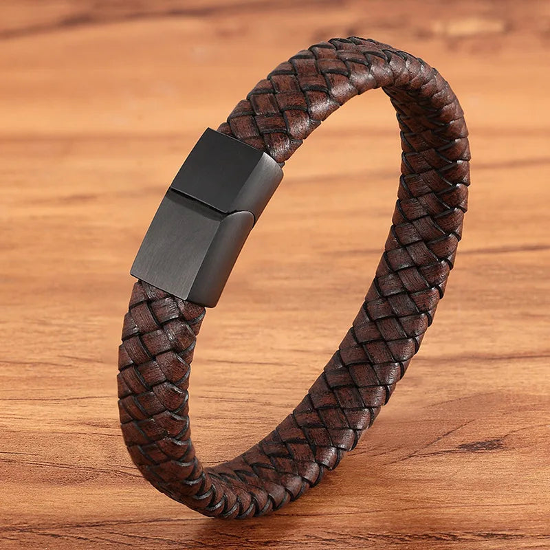 New Fashion Genuine Leather Bracelet 316L Stainless Steel Magnet Clasp Wrap Men Vintage Real Leather Bracelet