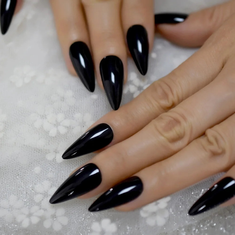 Black Sharp Designed Fake Nail Medium Adult Dark Shiny Artificial Nail Art Tips Acrylic Full Curved Practice Faux Nails MegaBDM