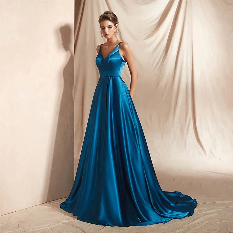 Jancember RL123 International Satin Blue Spaghetti Strap V-neck Sleeveless Zipper Wedding Dress