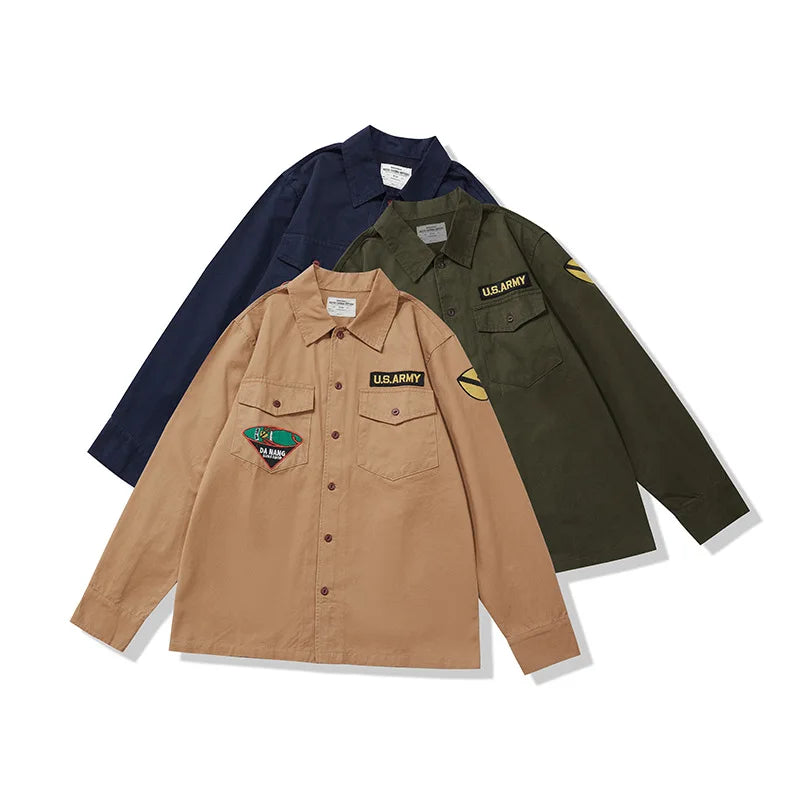 Men's Patched Shirt Olive Green Long Sleeve Work Shirt with Embroidered Patches Vintage Work Shirt Casual Button Shirt on Sale