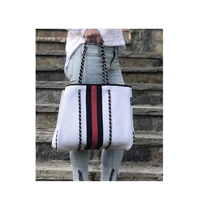 2023 New Style White Neoprene Casual Tote Handbag Women's Beach Bag with Customized Logo Wholesale Size 15"x10"x12"
