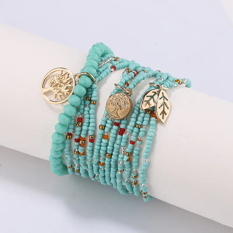 Ethnic Style Bohemia Multilayer Beaded Bracelet with Irregular Rice Beads Hollow Tree Life Leaves Shape Pendant Gift