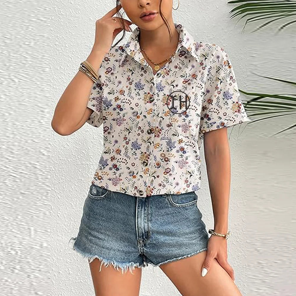 Online Retailer Women Summer Floral Printed Blouses Button Lapel Short Sleeve Shirts With Pocket Loose Fit Cozy Tops