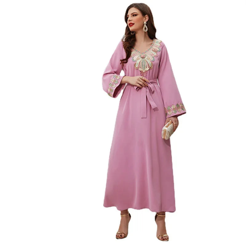 Sweet Girls Pink Embroidery Retro Dubai Abaya Dress A-line High Waist Muslim Fashion Daily Casual Exotic With Belt Arab Clothes