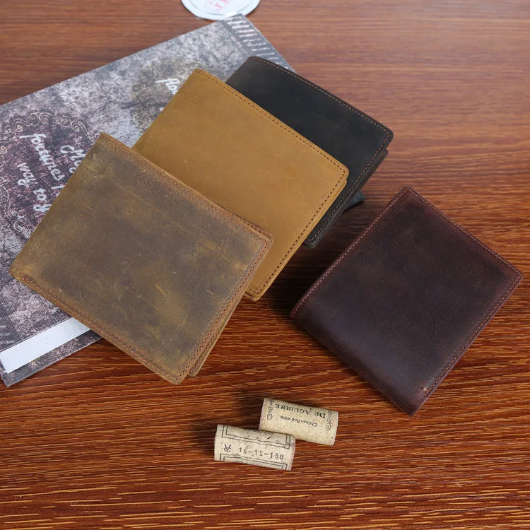 New Crazy Horse Leather Wallet Men's RFID Blocking Short Wallets Leather for Men