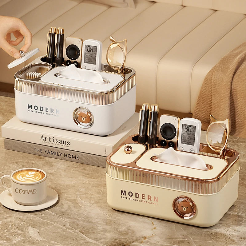 Luxury Home & Hotel Desktop Organizer with Spring Napkin Storage Plastic Facial Tissue Box for Bathroom Division