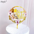 Happy Birthday Cake Topper Gold Acrylic Flowers Cake Topper for Birthday Party Cake Decorations Dessert Supplies PQ677
