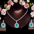 Silver Plated Green Princess Cut Cubic Zirconia Drop Necklace and Earring Jewelry Set for Women Bridal Engagement Luxury Costume