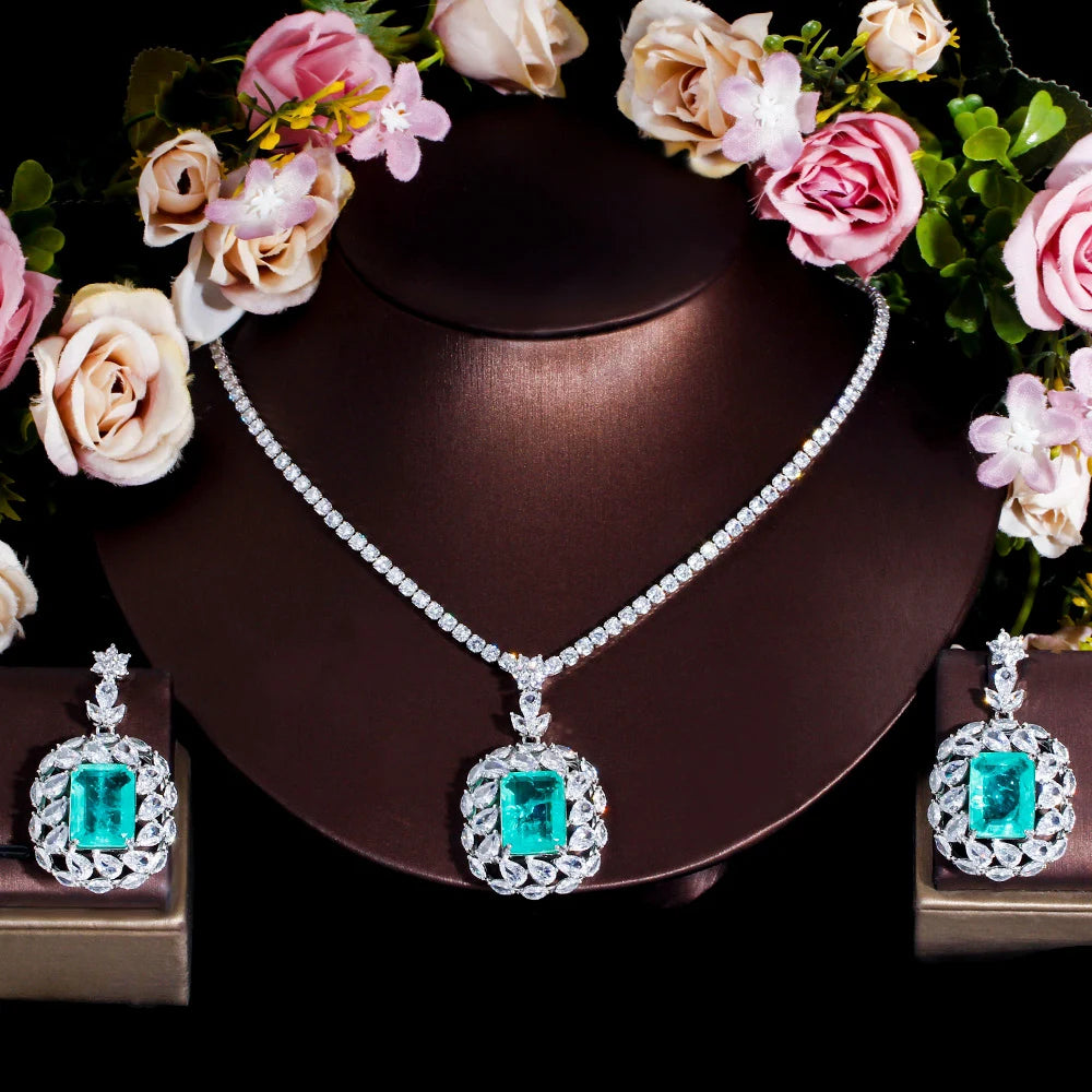 Silver Plated Green Princess Cut Cubic Zirconia Drop Necklace and Earring Jewelry Set for Women Bridal Engagement Luxury Costume