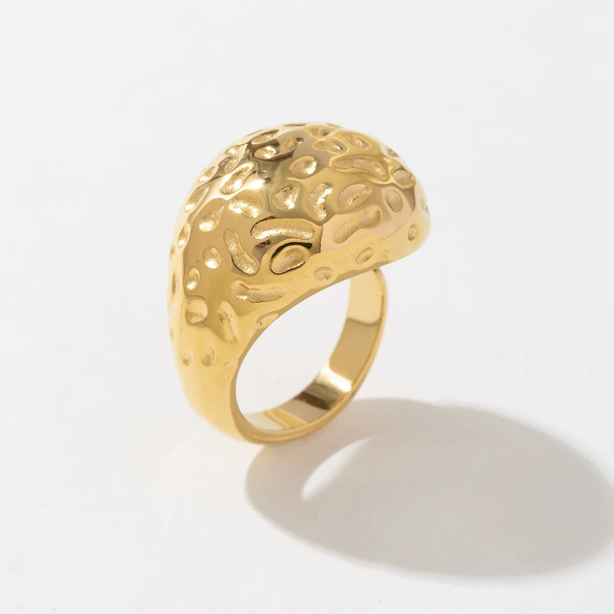 18K Gold Plated Chunky Hammered Water Drop Ring Tarnish Free Statement Jewelry Waterproof Stainless Steel Geometric Ring