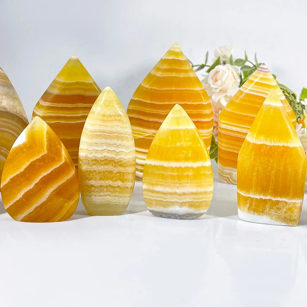 Wholesale Natural Yellow Calcite Flame Crystal Healing Polished Teardrop Freeform Banded for Home Decoration and Gifts