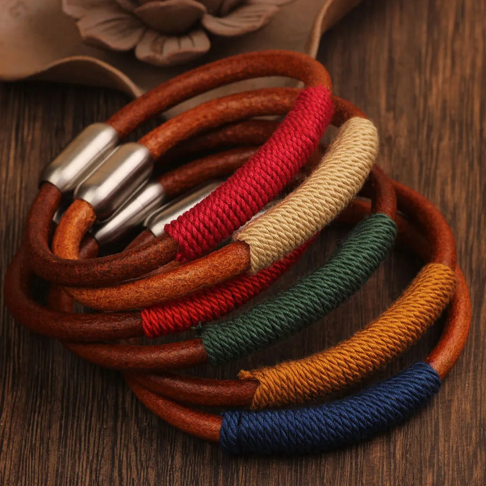 Ethnic Style Tibetan Woven Bracelet Bangle Cowhide Rope Vintage Simple Personality Leather Bracelet for Men and Women