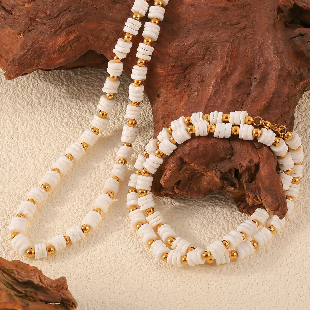 YF3992 French Stainless Steel 18k Gold Plated Jewelry Shell Bead Waterproof Necklace Women Bracelet