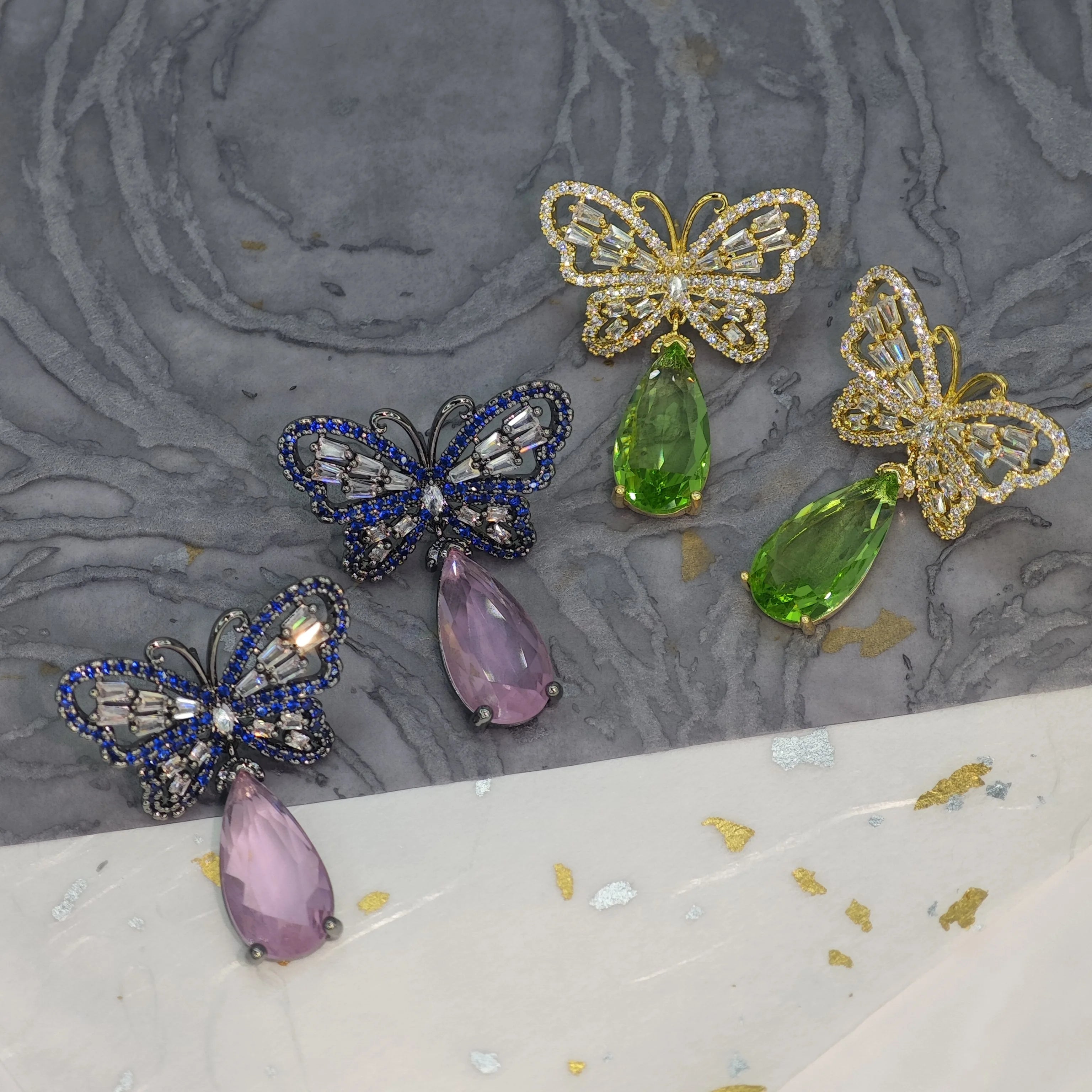 Ilona Newest Women Vintage Butterfly Pendant Stud Earrings Luxury Copper Zircon 18k Gold Plated Gift Wholesale