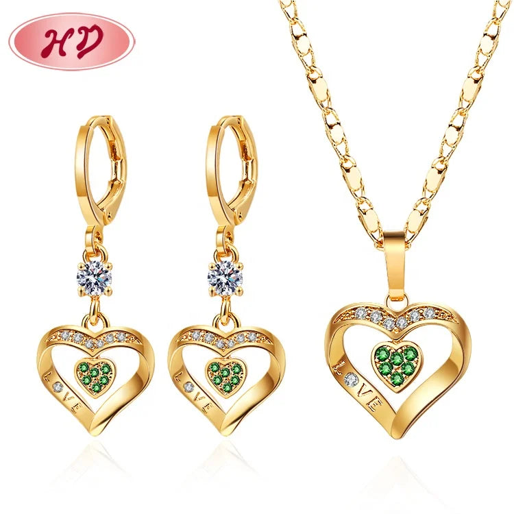 Luxury Bridesmaid Heart-Shaped Green Zirconia Jewelry Necklace and Earrings Jewelry Sets  for Women
