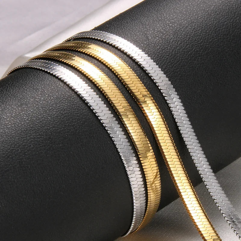 Collar Kolye PVD 18k Gold Filled Plated Stainless Steel Herringbone Choker Layered Necklace Flat Snake Chain for Women Jewelry