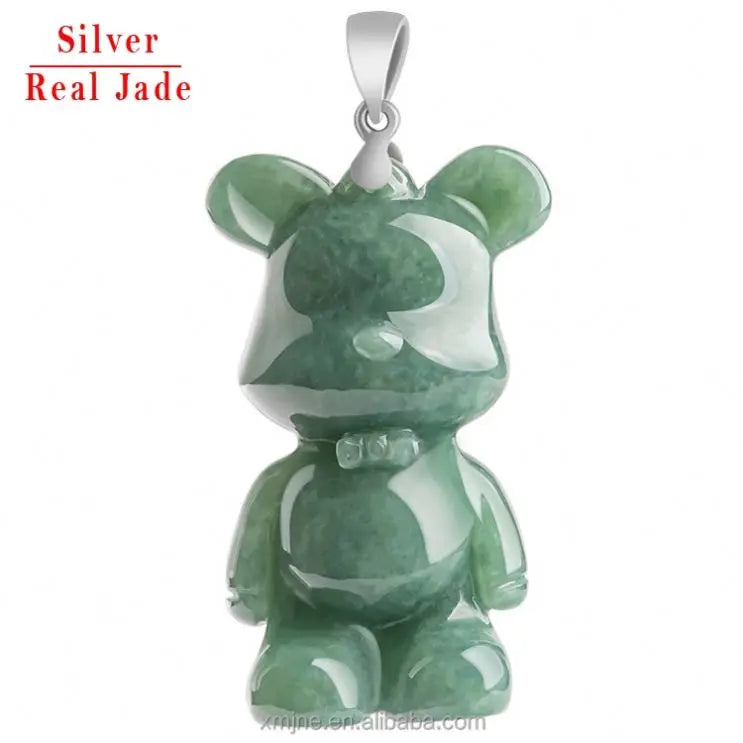 Natural a Goods Jade Bear Pendant S925 Silver Inlaid Bean Seed Jade Pendant Women's Jade Pendant Fashion Cute Wholesale