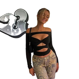 Irregular Hollowed Out Cut Fashionable One Line Collar off Shoulder Wrap Chest Tight Long Sleeved Women's Top Suitable for Bars