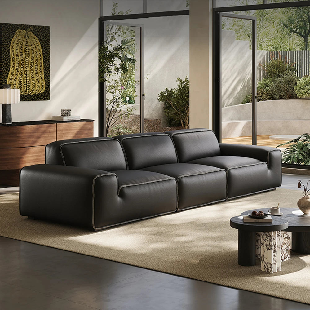 Luxury Black Modular Recliner Couch Set Solid Wood High Density Foam Genuine Leather Sectional Sofa for Living Apartments Villas