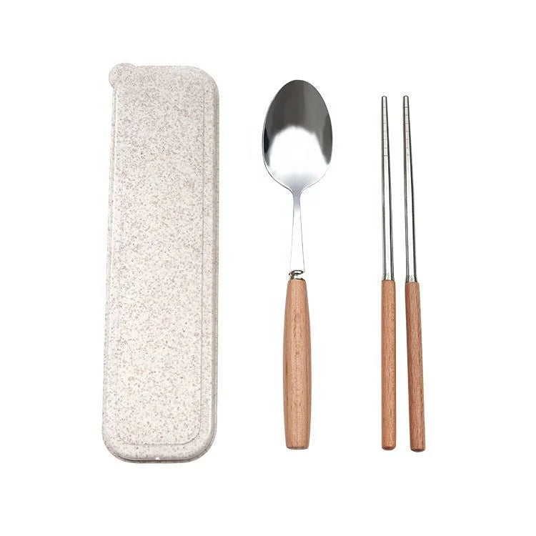 Portable Tableware Two-piece Set Student Chopsticks Box Long Handle Stainless Steel Chopsticks Wooden Handle Spoon Set