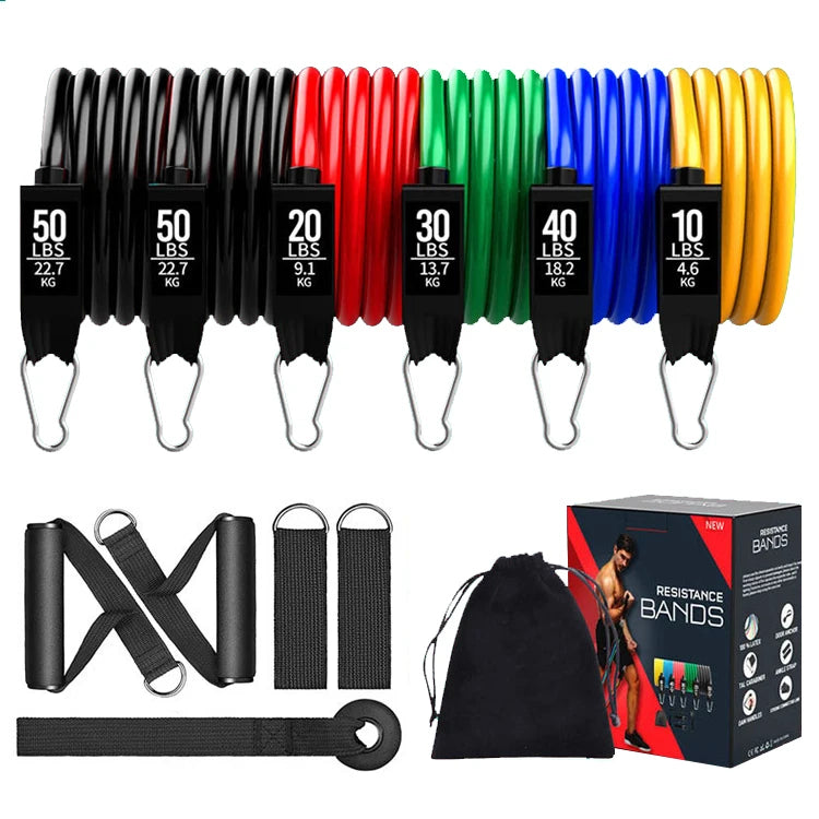 Custom Logo Premium Adjustable 11Pcs Yoga Elastic Exercise Workout Hip Tube Fitness Resistance Bands Set