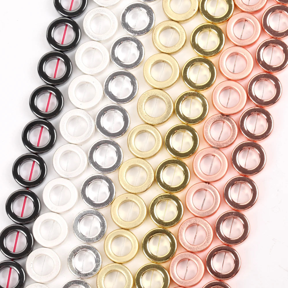 Natural Hematite Stone Rose KC Gold Plated 12mm Hollow Circle Beads Spacer Beads for Jewelry Making Fit DIY Bracelet Accessories