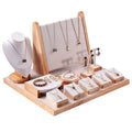 Beige Microfiber Natural Wood Base Jewelry Store Counter Rings Earrings Necklace Set Display Stands