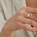 SC Statement Opening Adjustable Rings New Design White Round Pearl Ring Gold Plated Pearl Bead Ring for Women