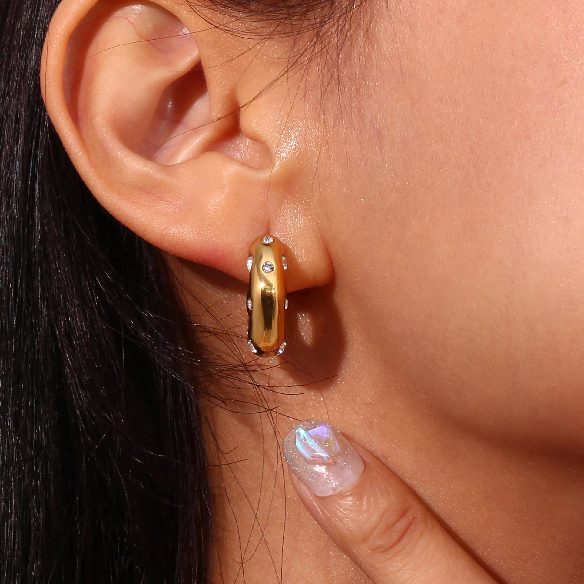 Trendy Gold Plated Stainless Steel CZ Earrings Fashionable C Shape Chunky CZ Thick Stud Wedding Gift for Women