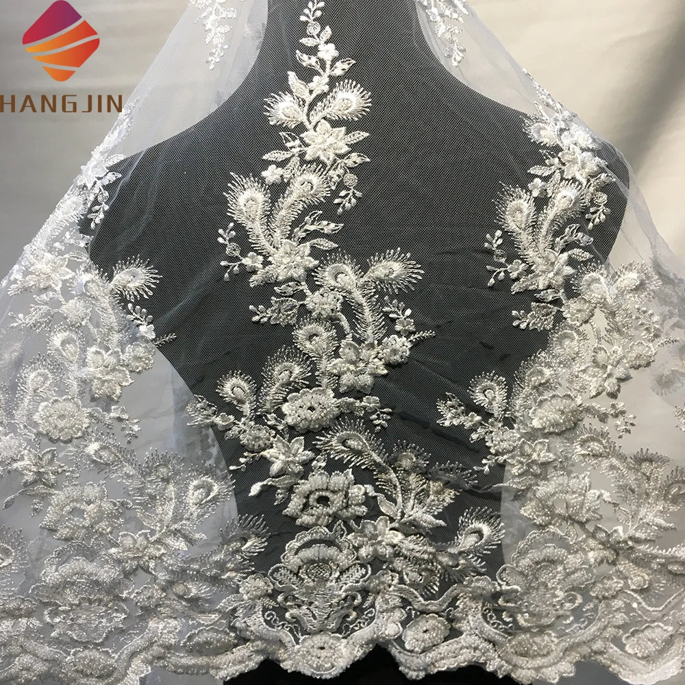 2023 Beaded Embroidery Lace Sequins White Fabric High Quality Beaded Lace Fabrics for African Wedding