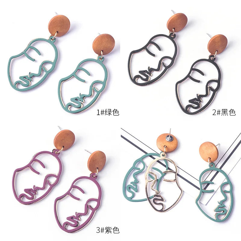 New Colorful Korea Handmade Wooden Straw Braid Human Face Drop Earrings for Women