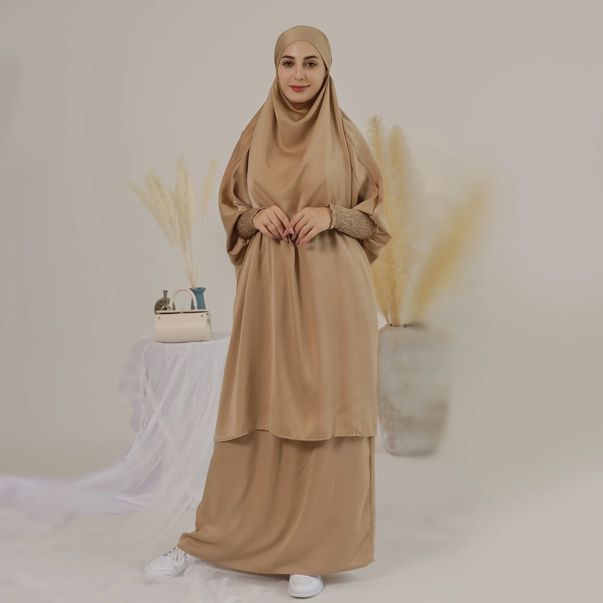 Loriya Plus Size Women Dress Hijab Abaya Muslim Dress Traditional Islamic Clothing 2 Piece Abaya Set Prayer Abaya