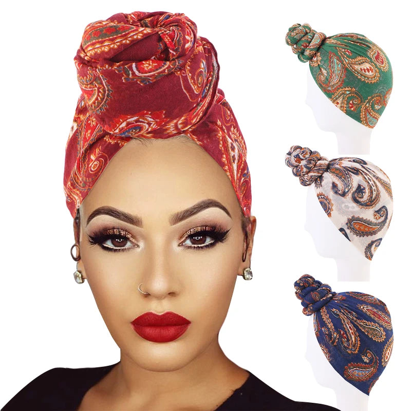 Wholesale Fashion Paisley Pattern Headwrap Printing Bandana Cheap Cotton Voile Head Scarf Knot Turban