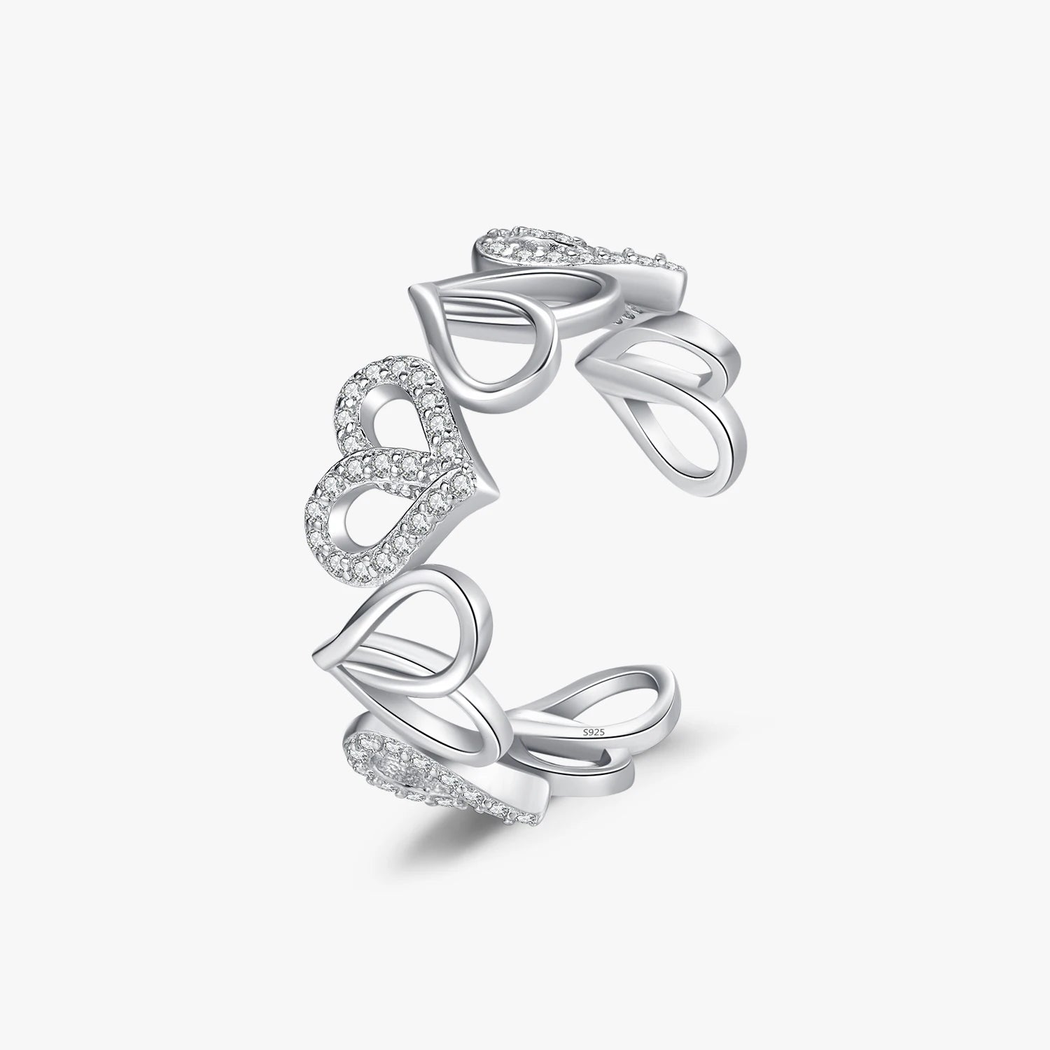 Classic Simple Fine Jewelry Anniversary Gift 925 Sterling Silver Fashion Hearts Adjustable Ring for Women