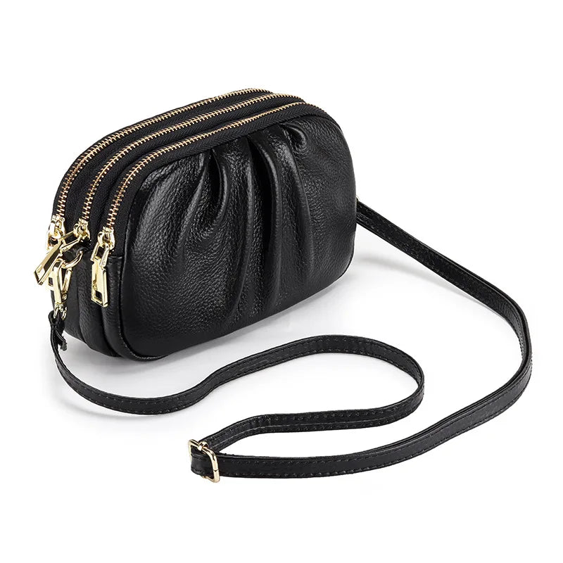 Women's Soft Leather Three-Layer Zipper Crossbody Bag Fashionable Small Shoulder Bag for Spring/Summer Seasons